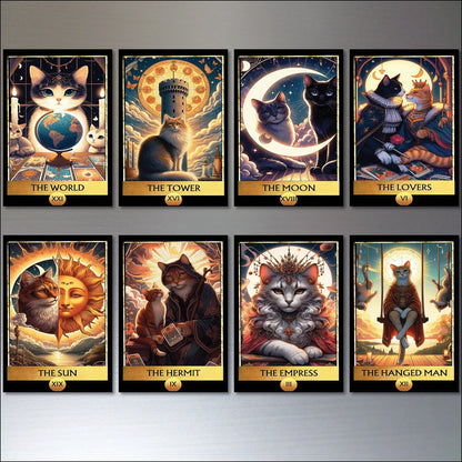 Set of 8 vintage tarot cat retro fridge magnets featuring mystical cat art, perfect for decorating refrigerators with a mystical feline theme.