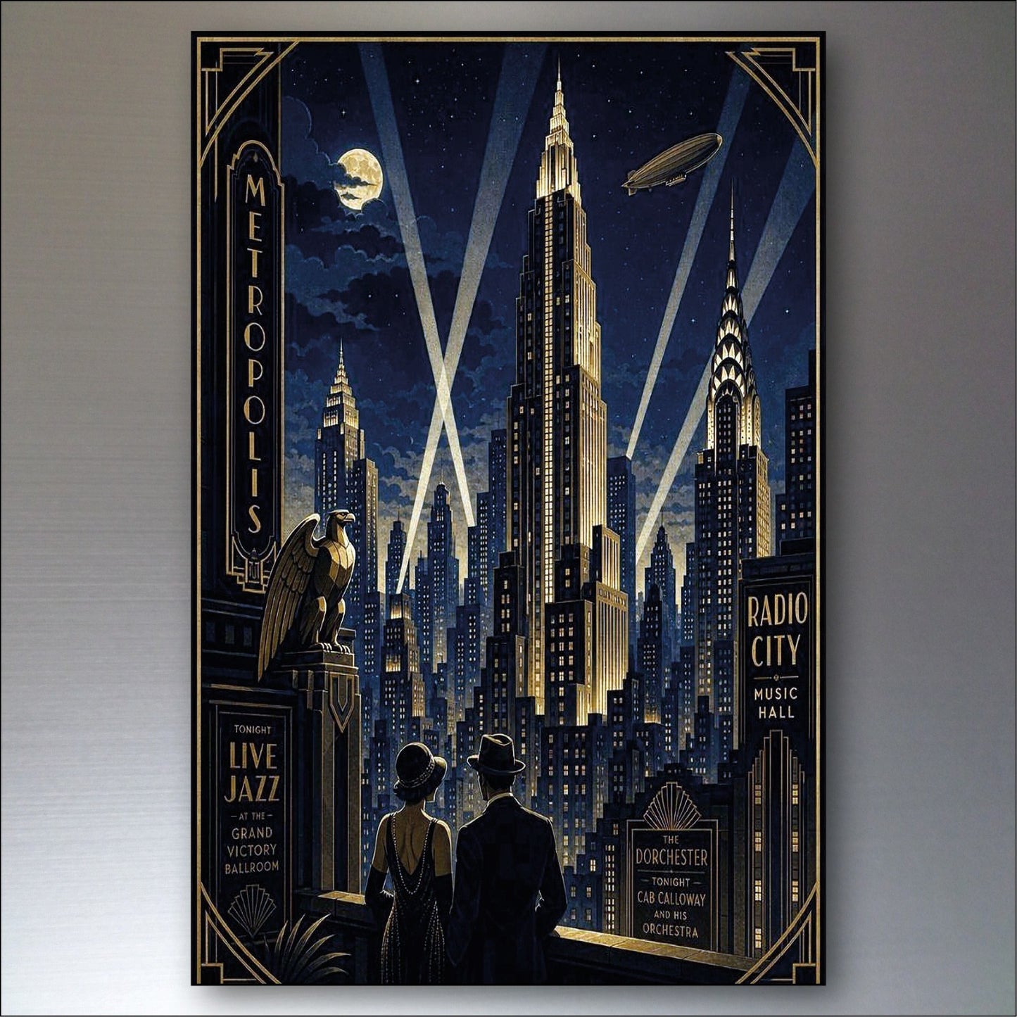 Set of 8 Art Deco Noir style fridge magnets featuring classic, collectible design in black and gold tones.