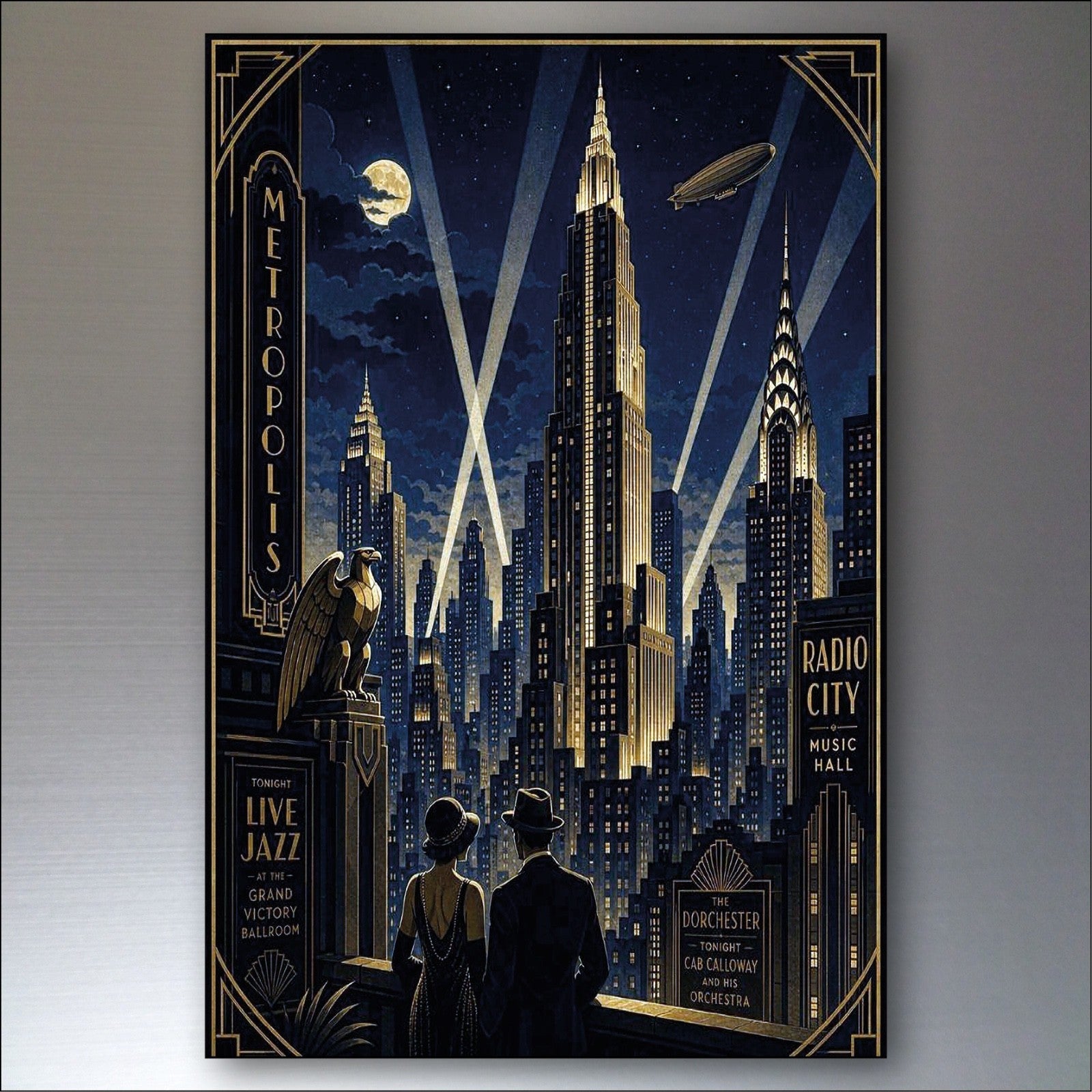 Set of 8 Art Deco Noir style fridge magnets featuring classic, collectible design in black and gold tones.