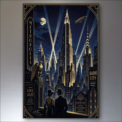 Set of 8 Art Deco Noir style fridge magnets featuring classic, collectible design in black and gold tones.
