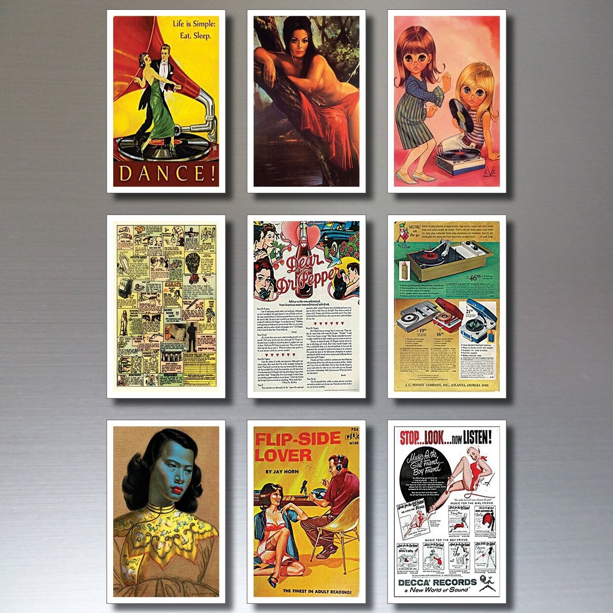 Set of 9 Kitsch vintage retro fridge magnets featuring shabby chic pop poster designs, colorful and decorative for kitchen decor.