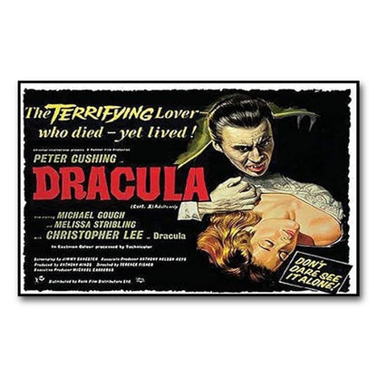 Set of 8 vintage Hammer Horror movie poster fridge magnets featuring classic horror film artwork and designs.