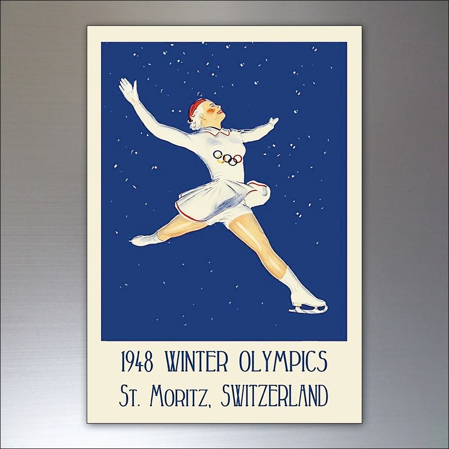 Set of 8 vintage fridge magnets featuring Winter Olympics posters, ideal for decorative fridge accessories.