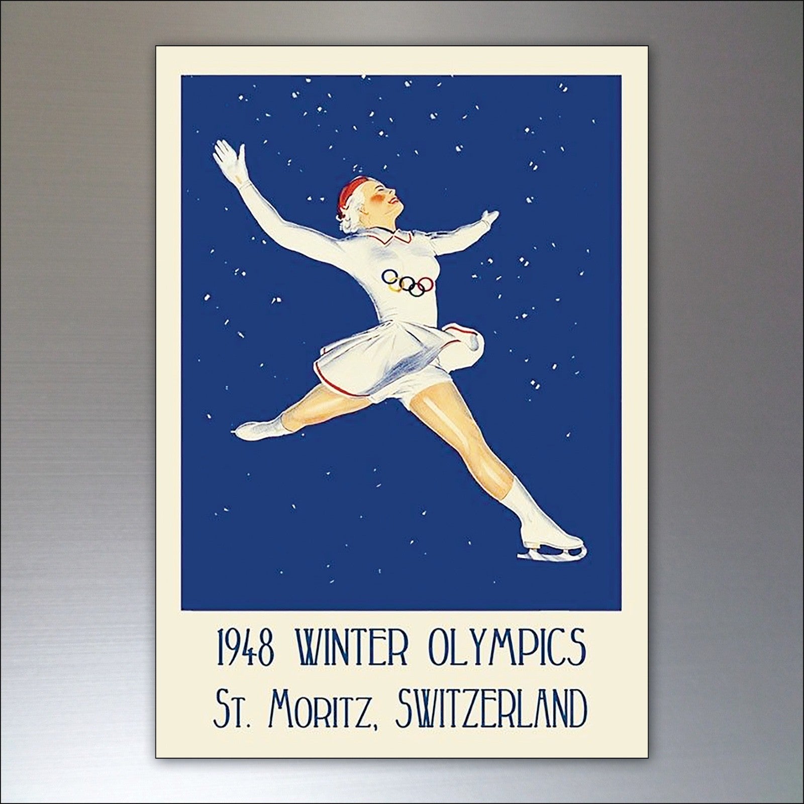 Set of 8 vintage fridge magnets featuring Winter Olympics posters, ideal for decorative fridge accessories.