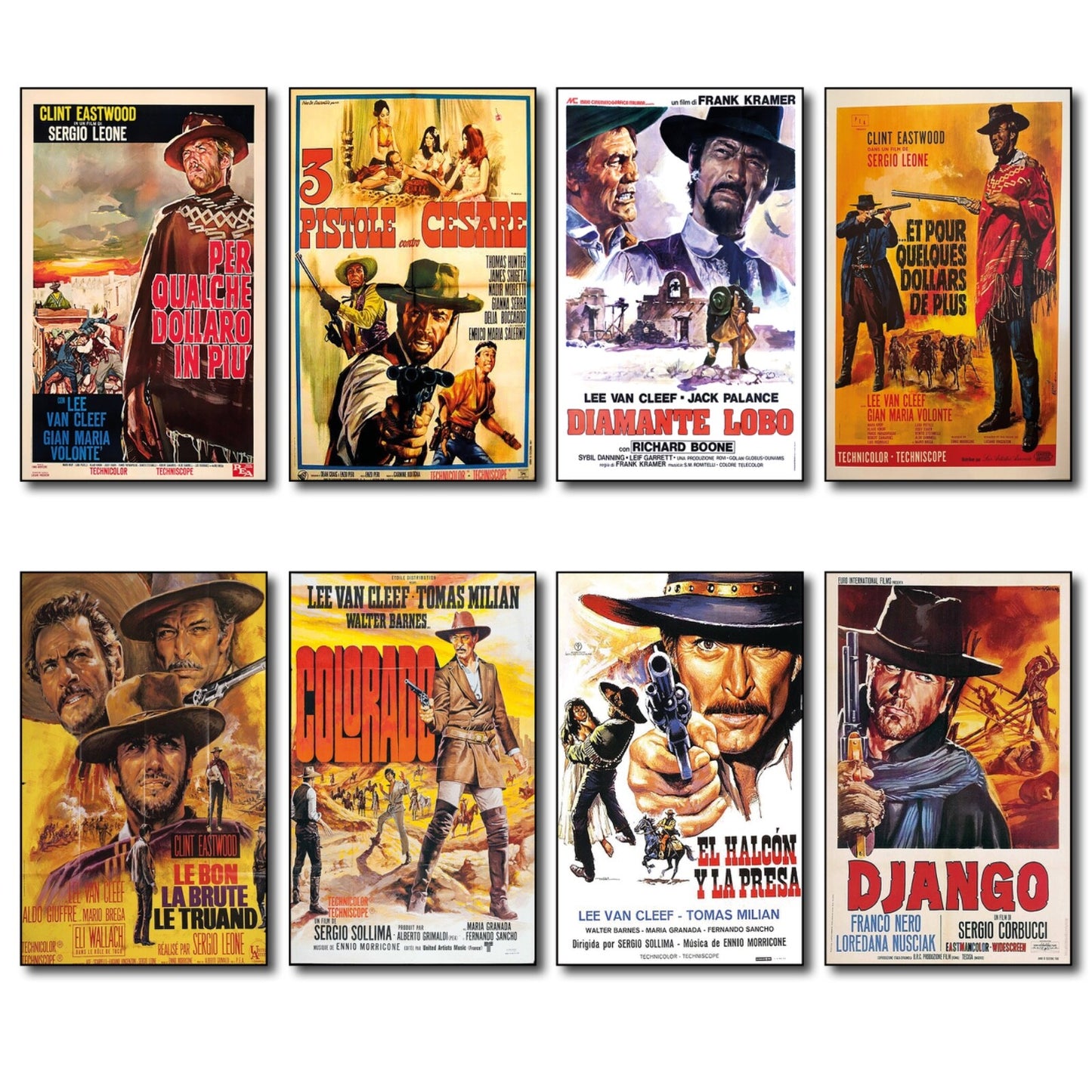 Set of 8 vintage spaghetti western film poster fridge magnets by Chicken featuring classic western movie artwork.