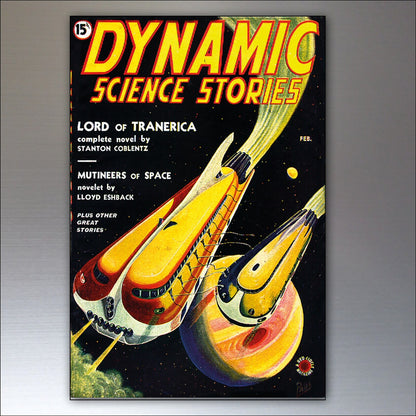 Set of 8 vintage retro sci-fi novel artwork fridge magnets featuring classic science fiction illustrations and designs.