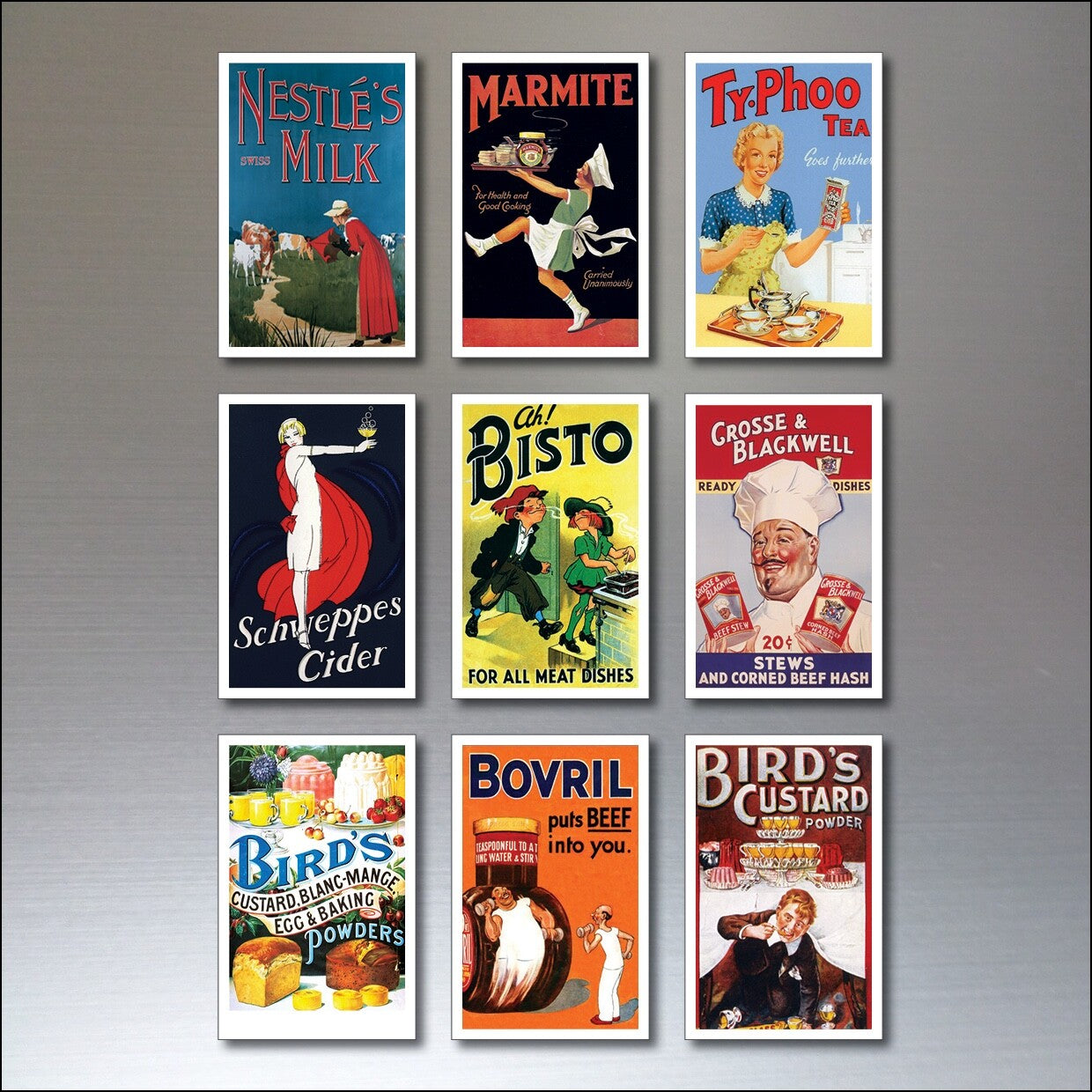 Set of 9 vintage retro fridge magnets featuring advertising designs, perfect for decorative kitchen accessories and collectibles.