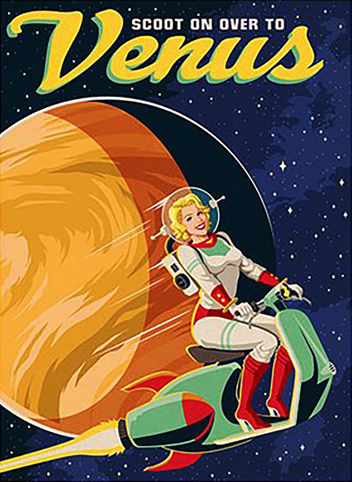 Set of six vintage sci-fi magnets featuring retro space travel artwork by Solar, showcasing futuristic scenes and planets.