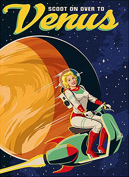 Set of six vintage sci-fi magnets featuring retro space travel artwork by Solar, showcasing futuristic scenes and planets.