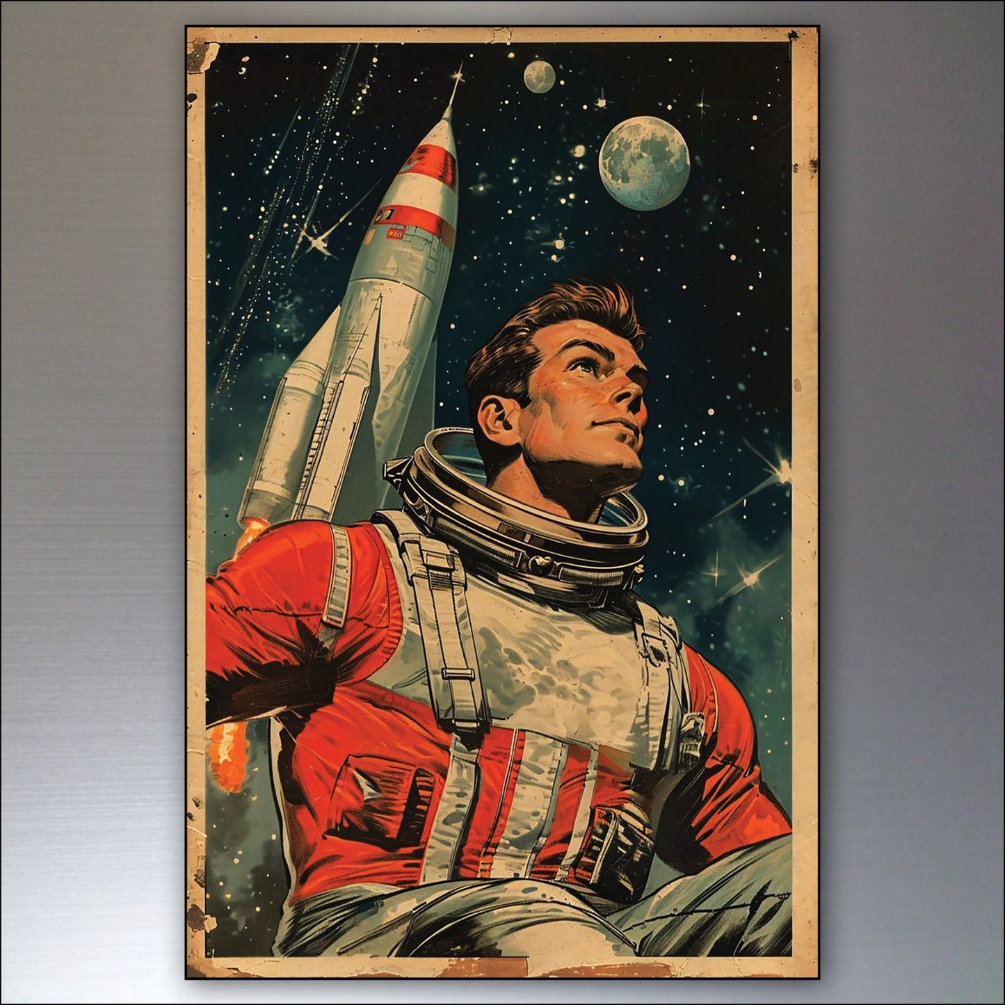 Set of 6 vintage sci-fi novel fridge magnets featuring retro artwork, perfect for decorating or collecting.