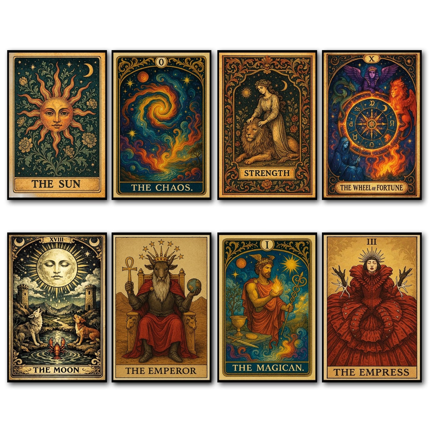 Set of 8 vintage tarot card fridge magnets featuring retro tarot designs, perfect for decorative kitchen accessories.