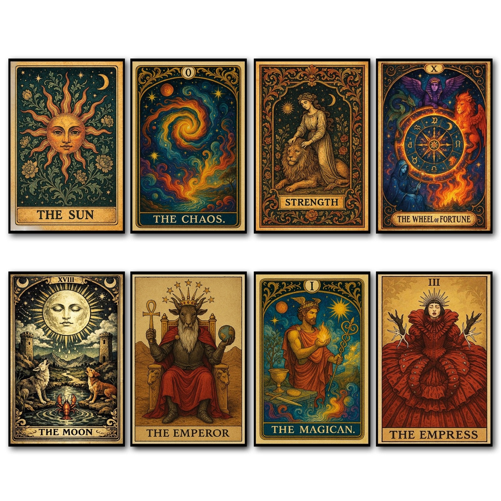 Set of 8 vintage tarot card fridge magnets featuring retro tarot designs, perfect for decorative kitchen accessories.