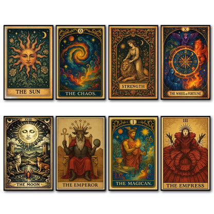 Set of 8 vintage tarot card fridge magnets featuring retro tarot designs, perfect for decorative kitchen accessories.