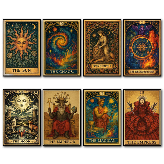 Set of 8 vintage tarot card fridge magnets featuring retro tarot designs, perfect for decorative kitchen accessories.