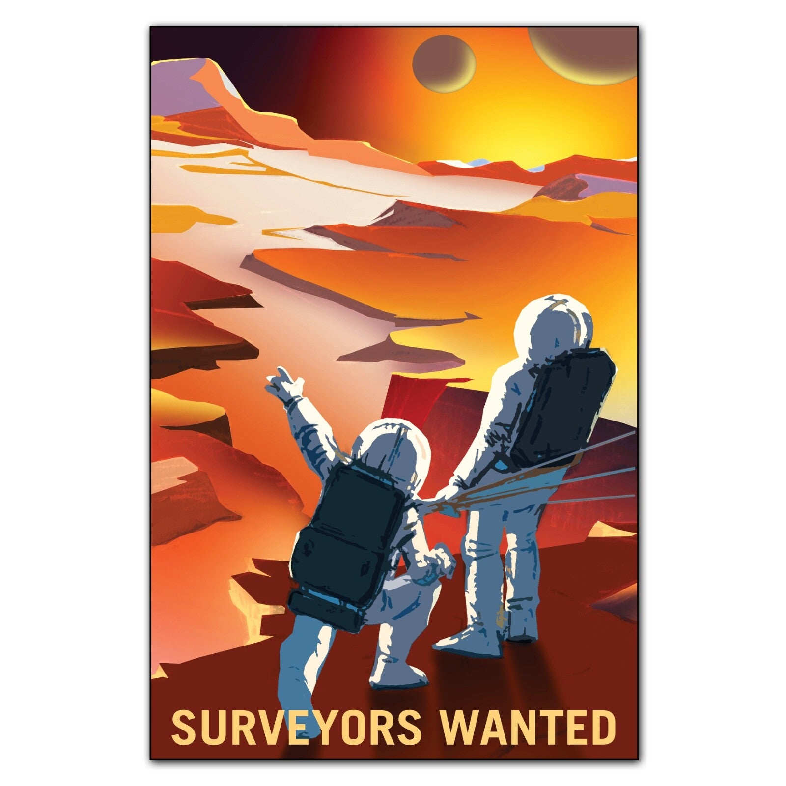 Set of 8 retro sci-fi space travel explorer artwork prints featuring vintage science fiction themes for refrigerator decoration.