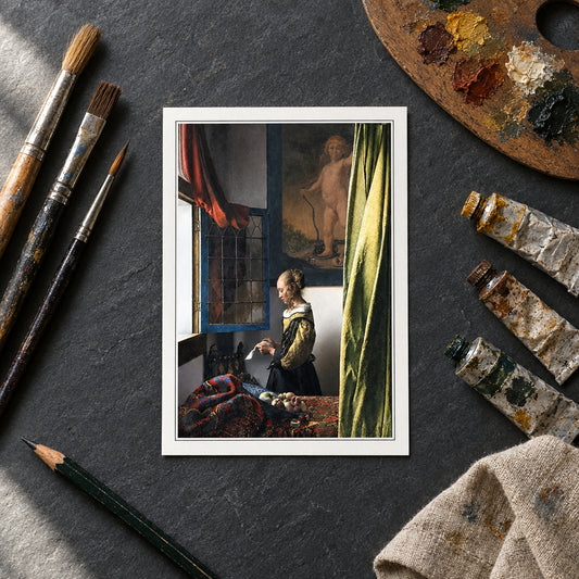 A vertical canvas print of a classical painting depicting a woman by a window, with a bed in the foreground and a green curtain on the right, shown against a neutral gray background.
