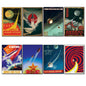 Set of 8 vintage Soviet Sputnik atomic space race fridge magnets with retro space-themed designs.