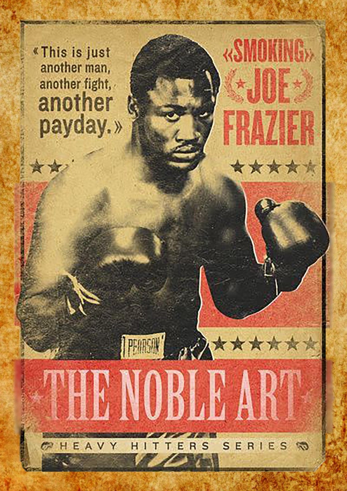 Vintage boxing poster print collection featuring legendary fighters Muhammad Ali, Mike Tyson, Joe Frazier, and Rocky Marciano.