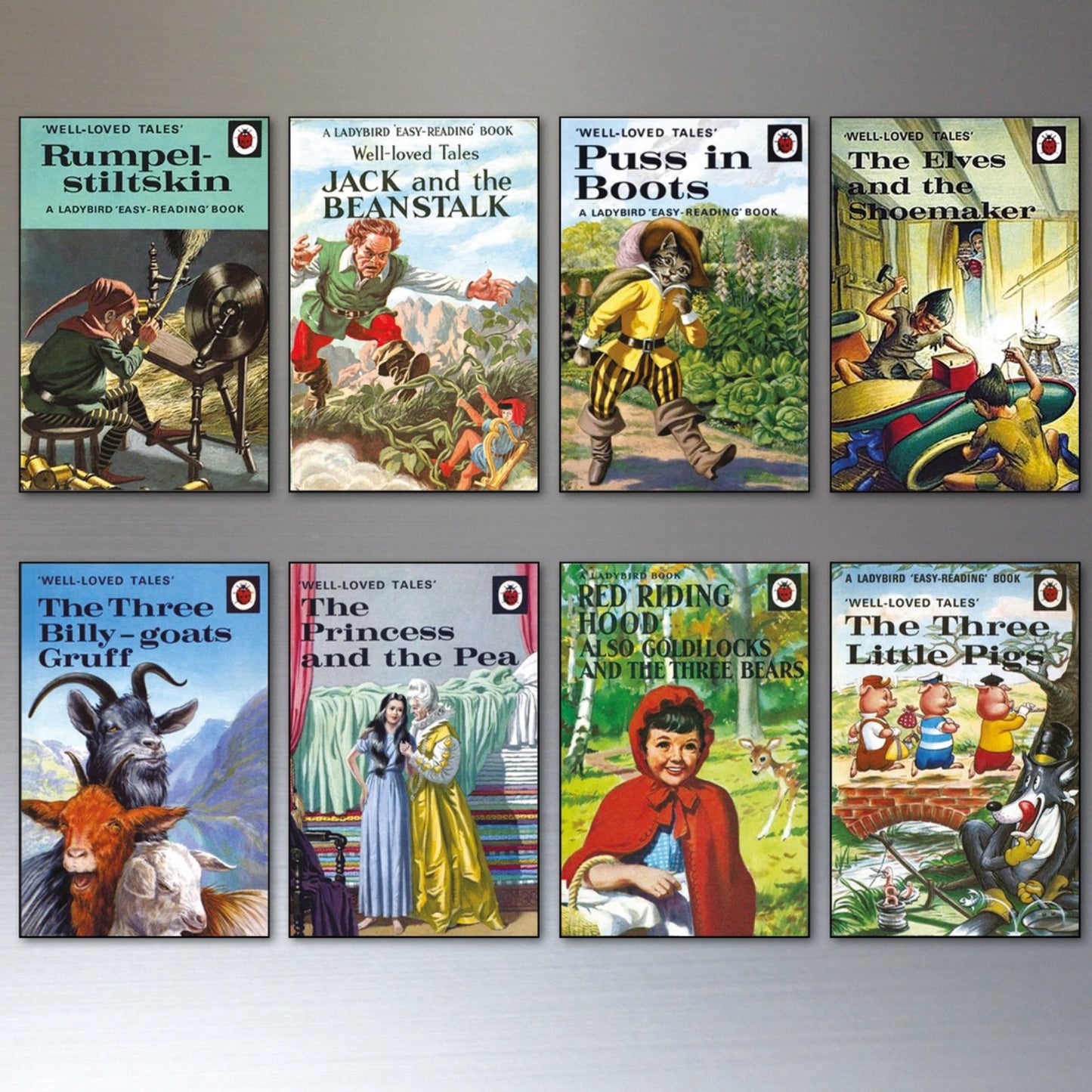 Set of 8 vintage Ladybird ladybird book cover fridge magnets featuring colorful, nostalgic book illustrations.