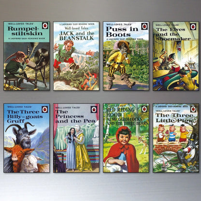 Set of 8 vintage Ladybird ladybird book cover fridge magnets featuring colorful, nostalgic book illustrations.