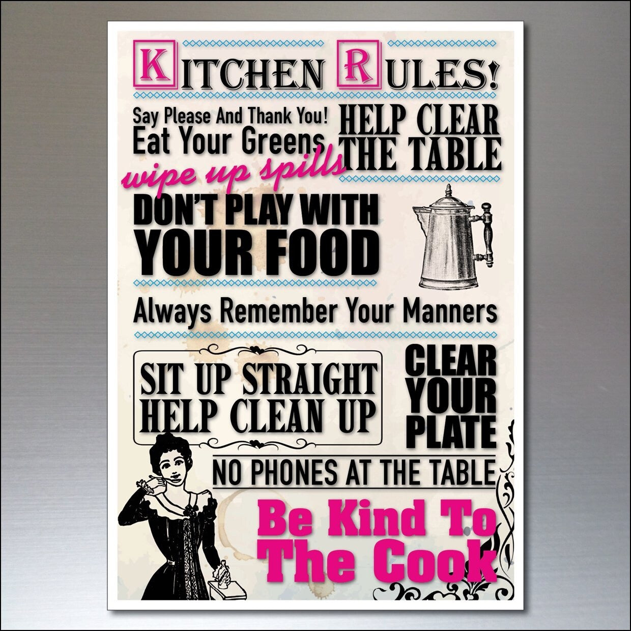 Extra large fridge magnet wall plaque with kitchen rules, featuring bold text and colorful design on an A4-sized surface.
