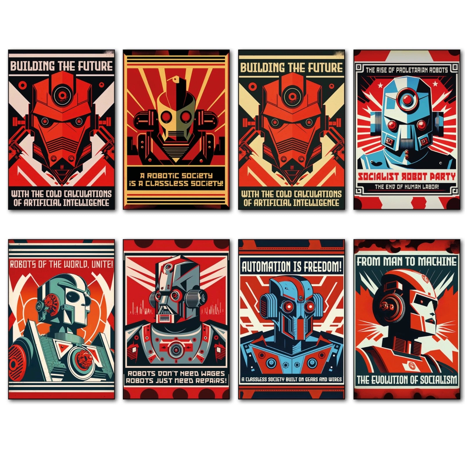 Set of 8 vintage retro sci-fi robot fridge magnets featuring classic robot artwork, perfect for science fiction fans.