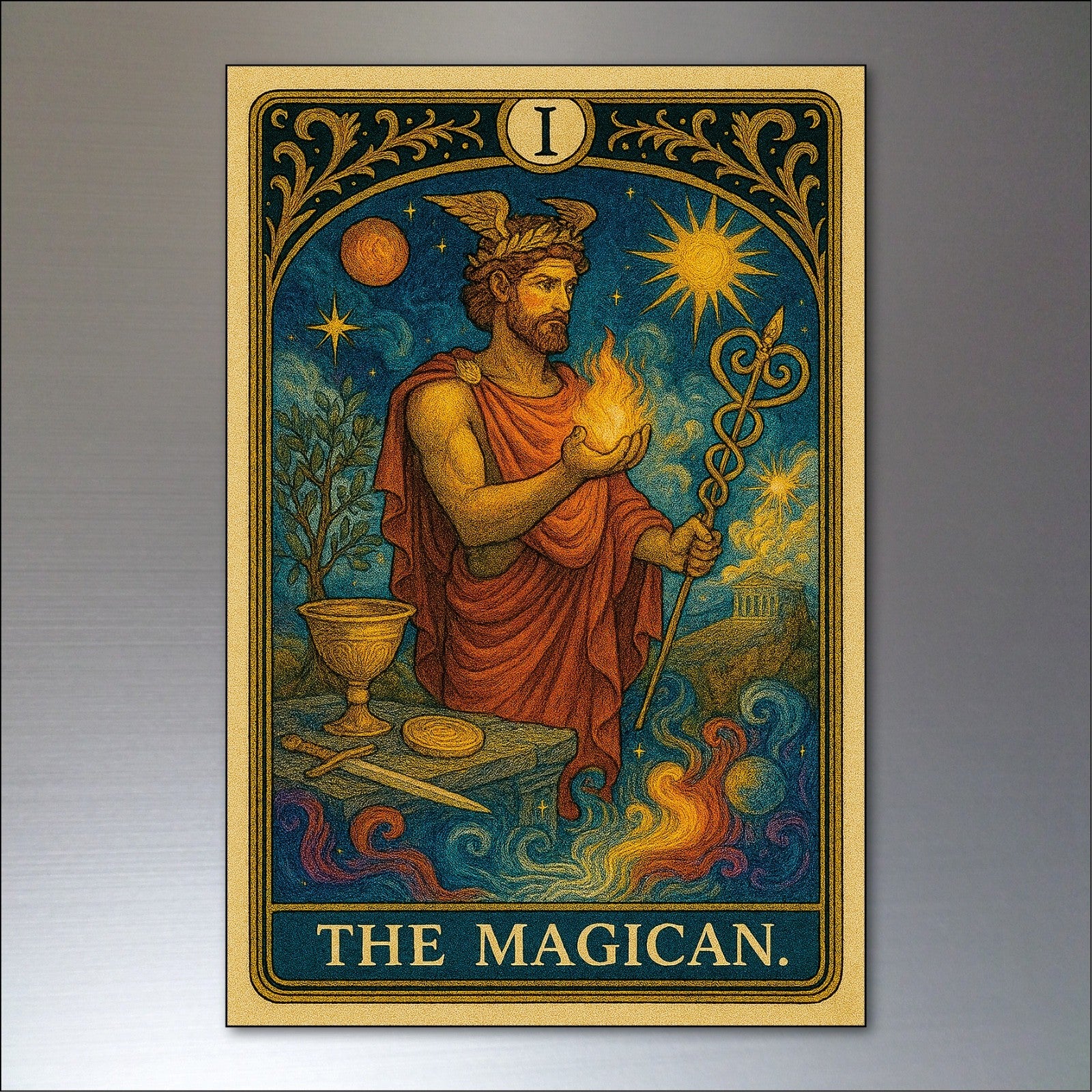 Set of 8 vintage tarot card fridge magnets featuring retro tarot designs, perfect for decorating your kitchen or refrigerator.
