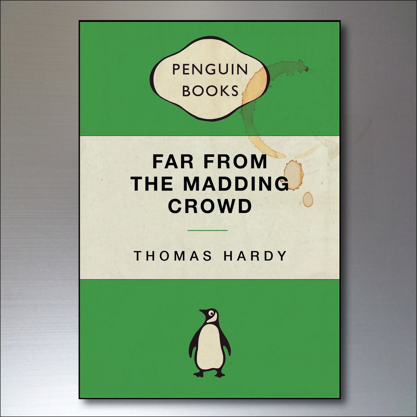 Set of 8 vintage Penguin book cover fridge magnets featuring retro penguin designs, perfect for decorating your kitchen or fridge.
