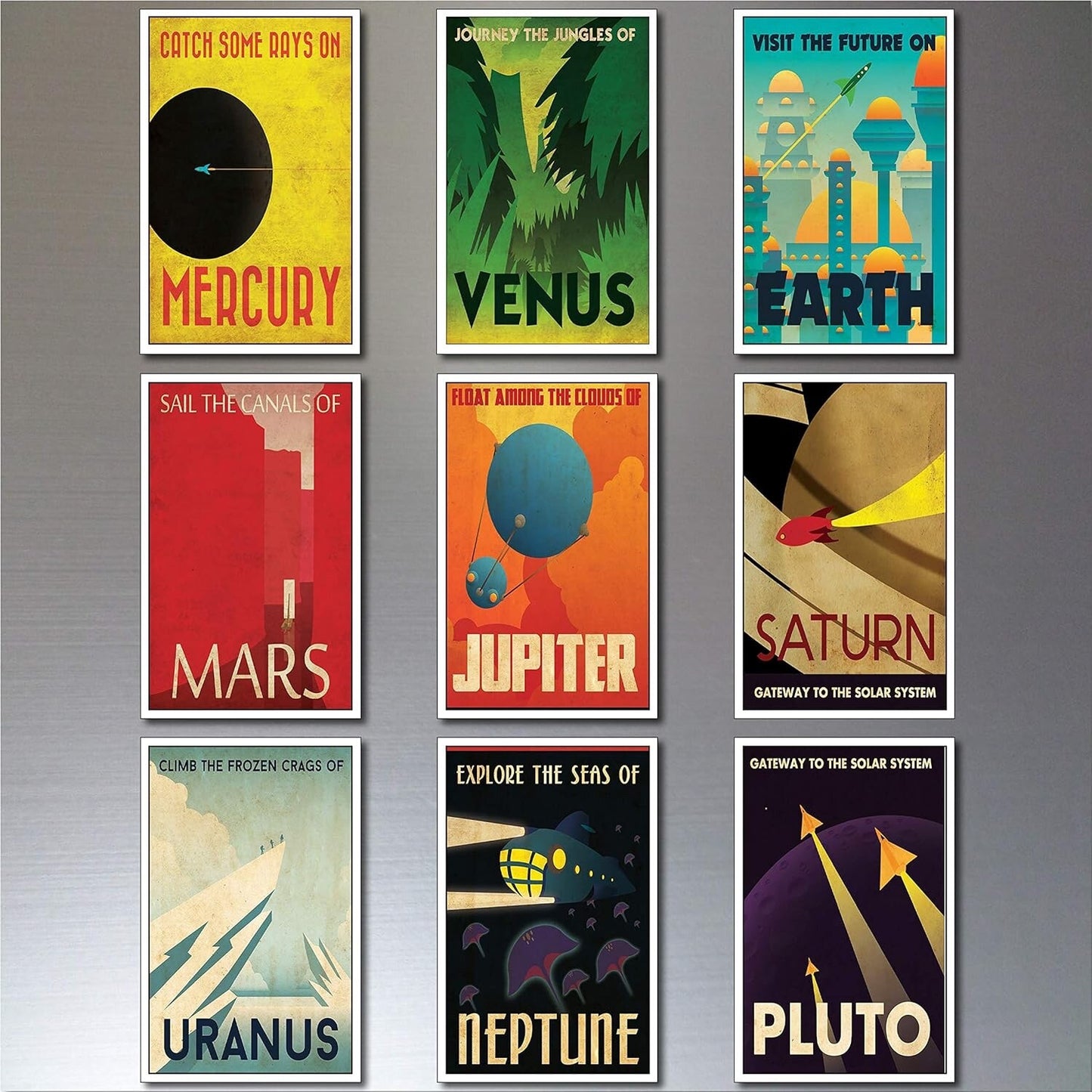 Set of nine vintage retro sci-fi space planet magnets featuring colorful illustrations of planets for decor or collection.