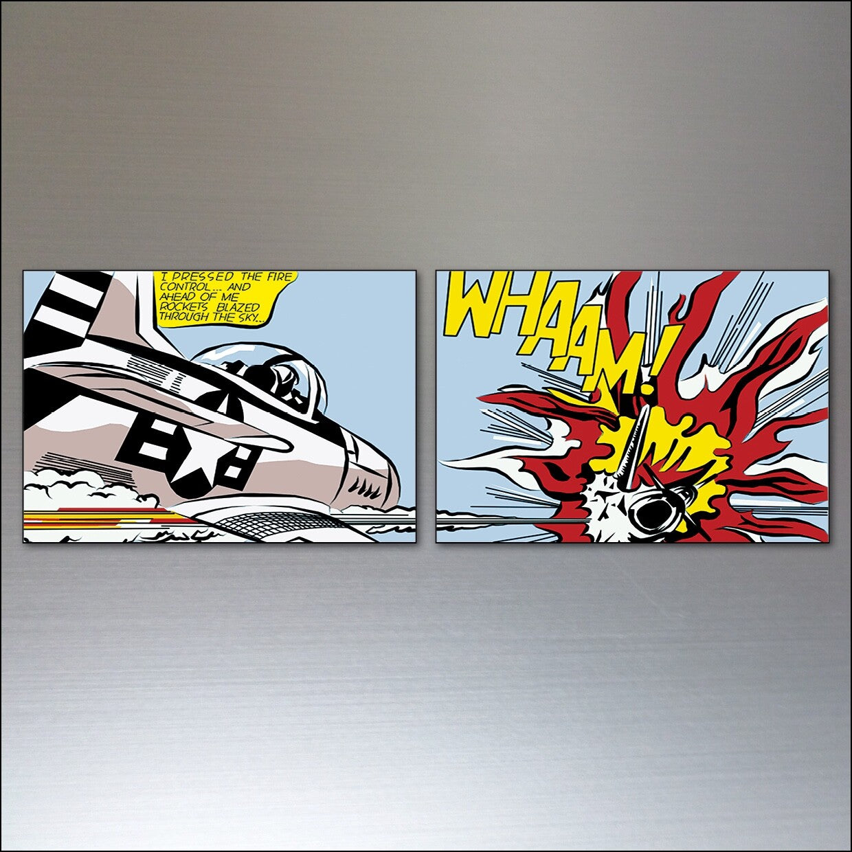 Set of 8 vintage retro pop art fridge magnets featuring Lichtenstein-inspired designs, colorful and eye-catching kitchen accessories.