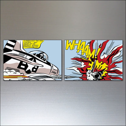 Set of 8 vintage retro pop art fridge magnets featuring Lichtenstein-inspired designs, colorful and eye-catching kitchen accessories.