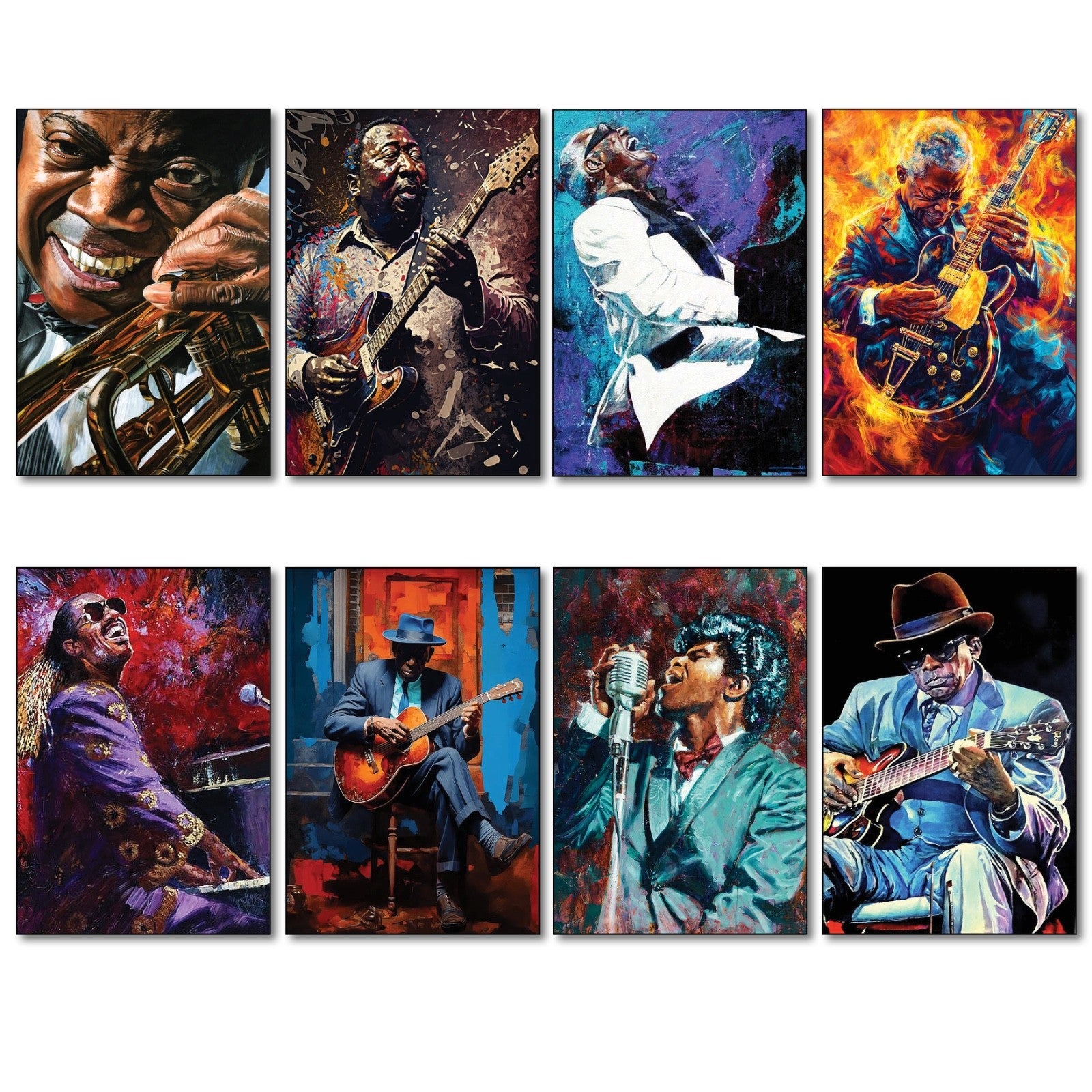 Set of 8 vintage blues, jazz, and soul icon paintings fridge magnets showcasing colorful musical artwork.