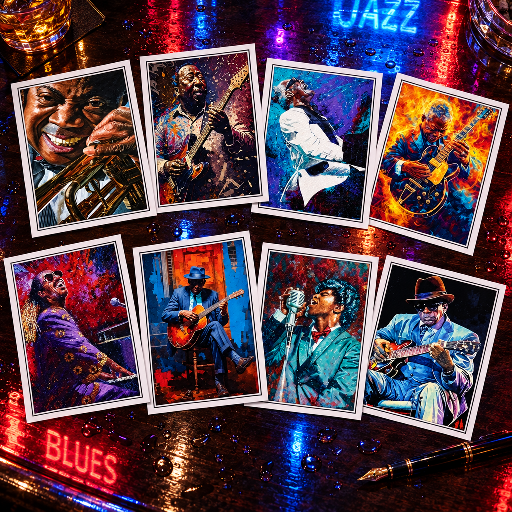 Vintage Blues Jazz and Soul Music Legends Art Postcards | Pack of 8
