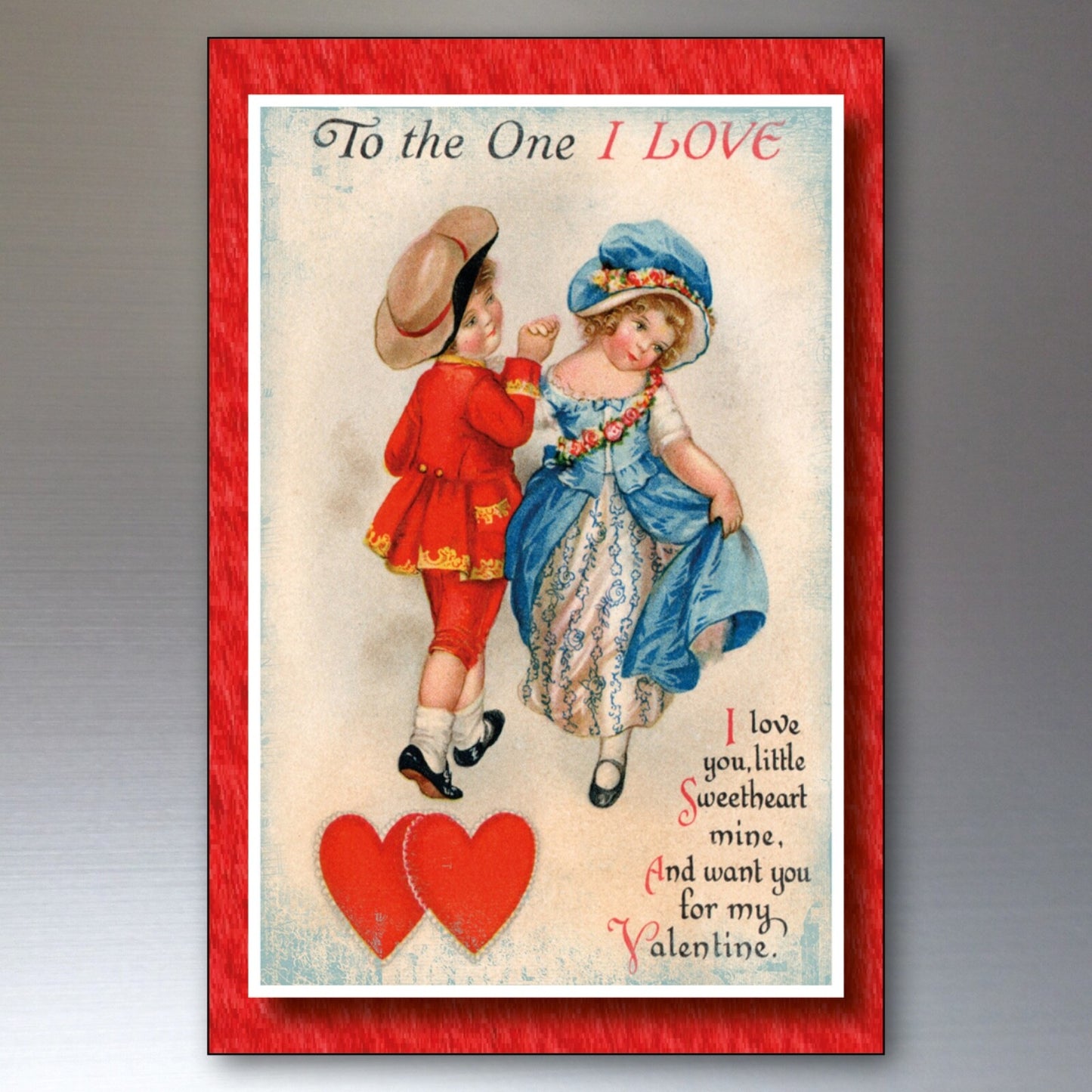 Set of 8 vintage Valentines fridge magnets featuring classic Valentine’s cards from Bubbadoodoo, displayed on a refrigerator door.