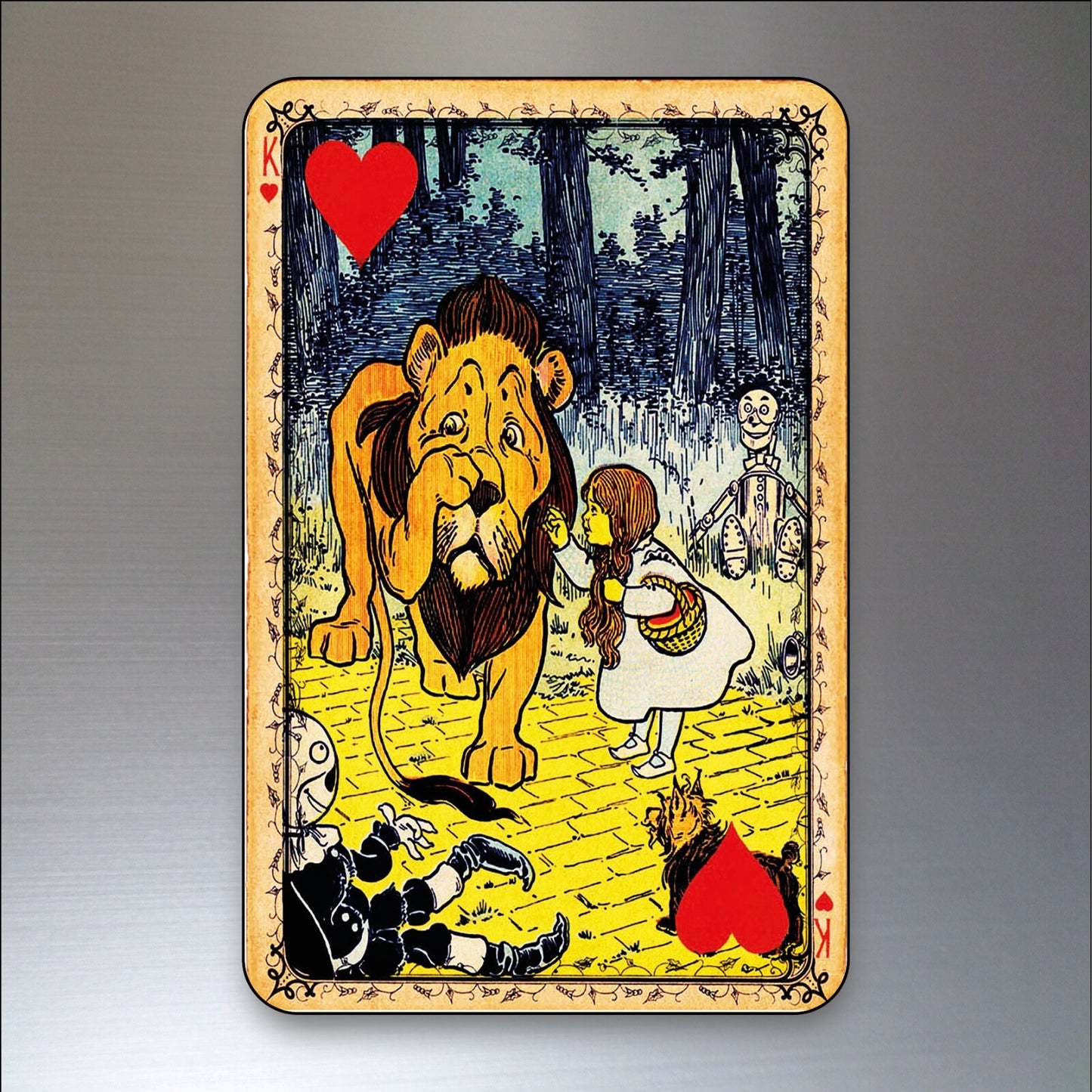 Set of 8 vintage Wizard of Oz-themed fridge magnets featuring decorative playing card designs on metal magnets.