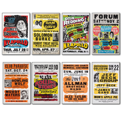 Set of 8 vintage 1960s-70s blues and soul music posters fridge magnets featuring colorful musical artist images and retro designs.