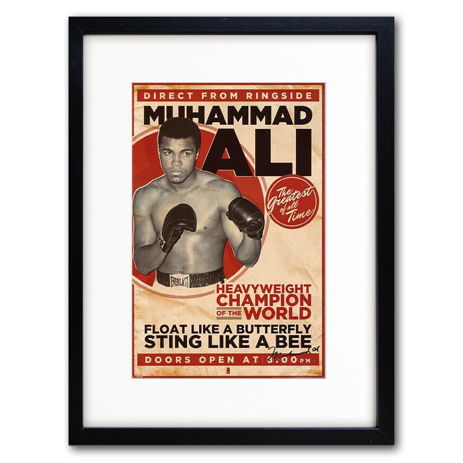 Vintage boxing fight poster print of Muhammad Ali by Bubbadoodoo, showcasing classic promotional sports artwork.
