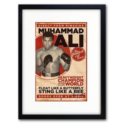 Vintage boxing fight poster print of Muhammad Ali by Bubbadoodoo, showcasing classic promotional sports artwork.