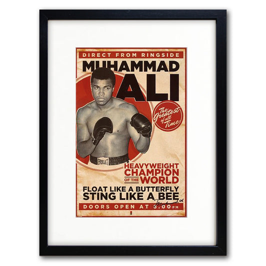 Vintage boxing fight poster print of Muhammad Ali by Bubbadoodoo, showcasing classic promotional sports artwork.
