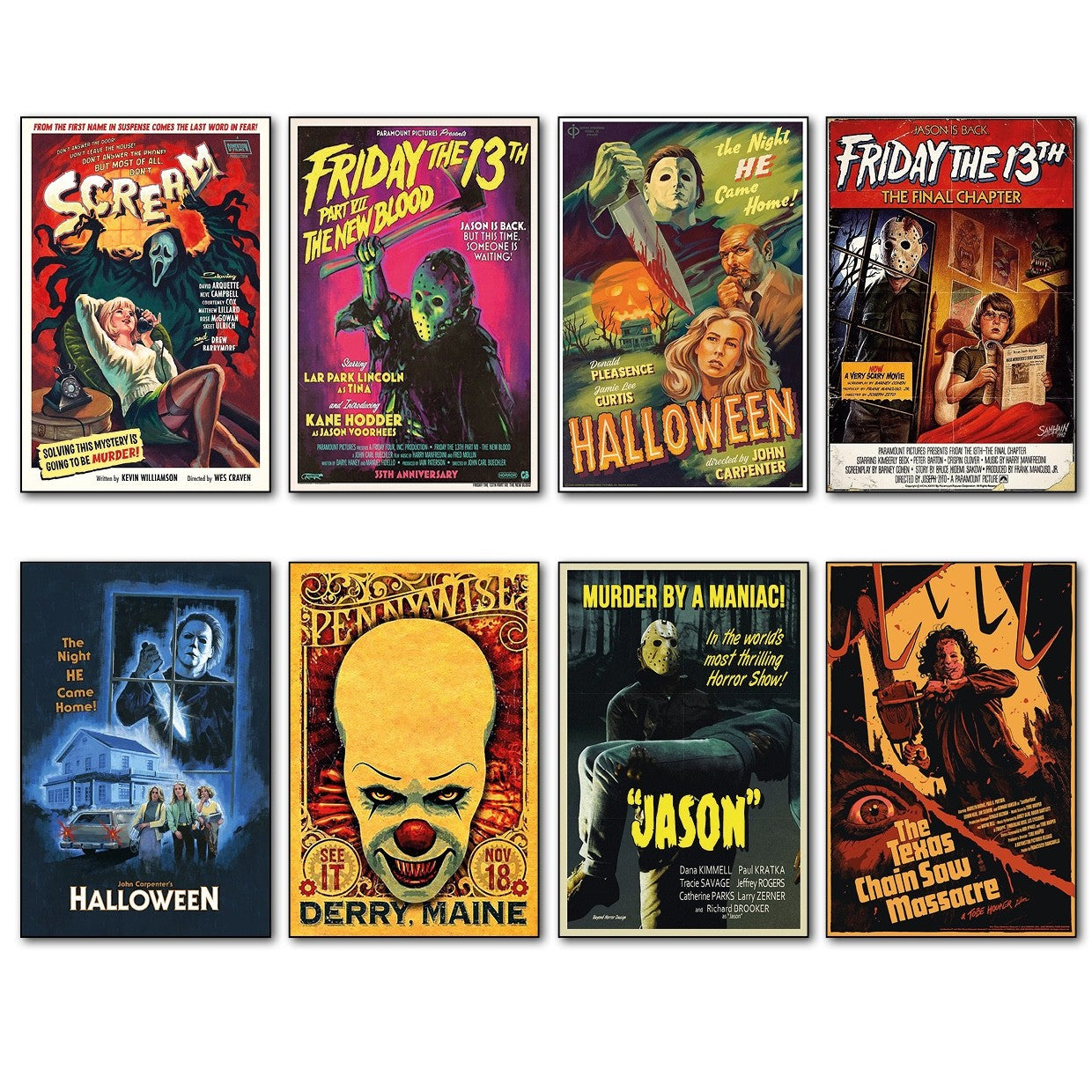 Set of 8 vintage horror film movie poster fridge magnets, featuring classic horror imagery and designs.