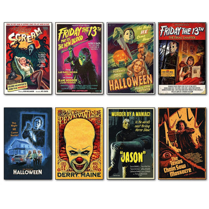 Set of 8 vintage horror film movie poster fridge magnets, featuring classic horror imagery and designs.