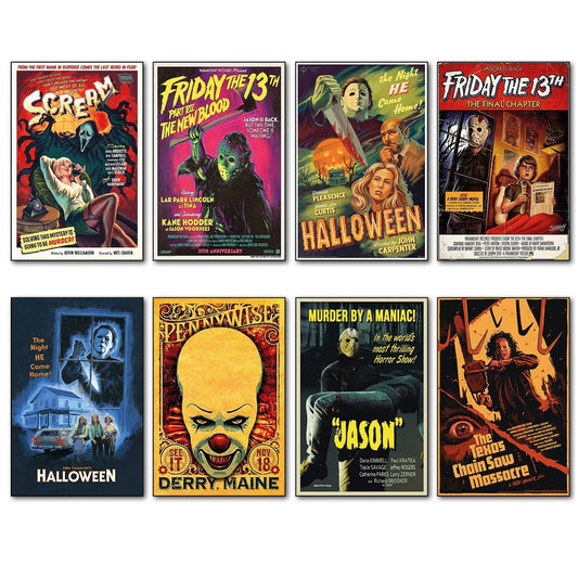 Set of 8 vintage horror film movie poster fridge magnets, featuring classic horror imagery and designs.