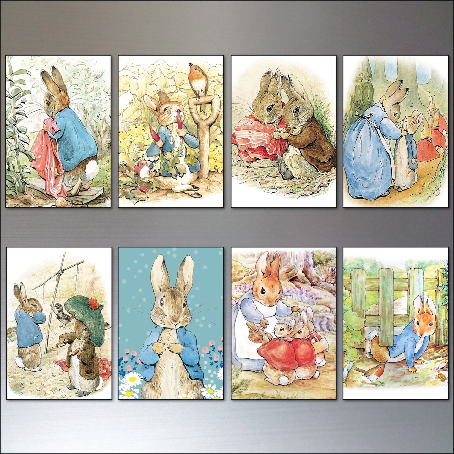 Vintage Peter Rabbit fridge magnets set of 8 featuring Beatrix Potter illustrations on colorful magnetic backgrounds.