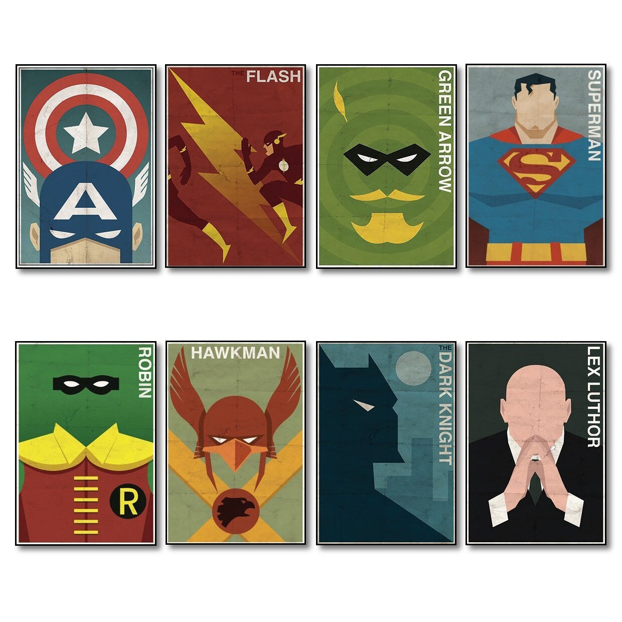 Set of 8 vintage superhero and villain fridge magnets featuring colorful character designs, perfect for decorating your kitchen.