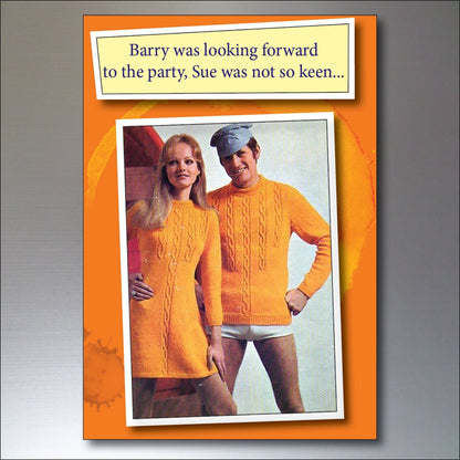 Set of eight funny 1970s knitwear-themed fridge magnets with colorful, vintage fashion designs on metal backing.