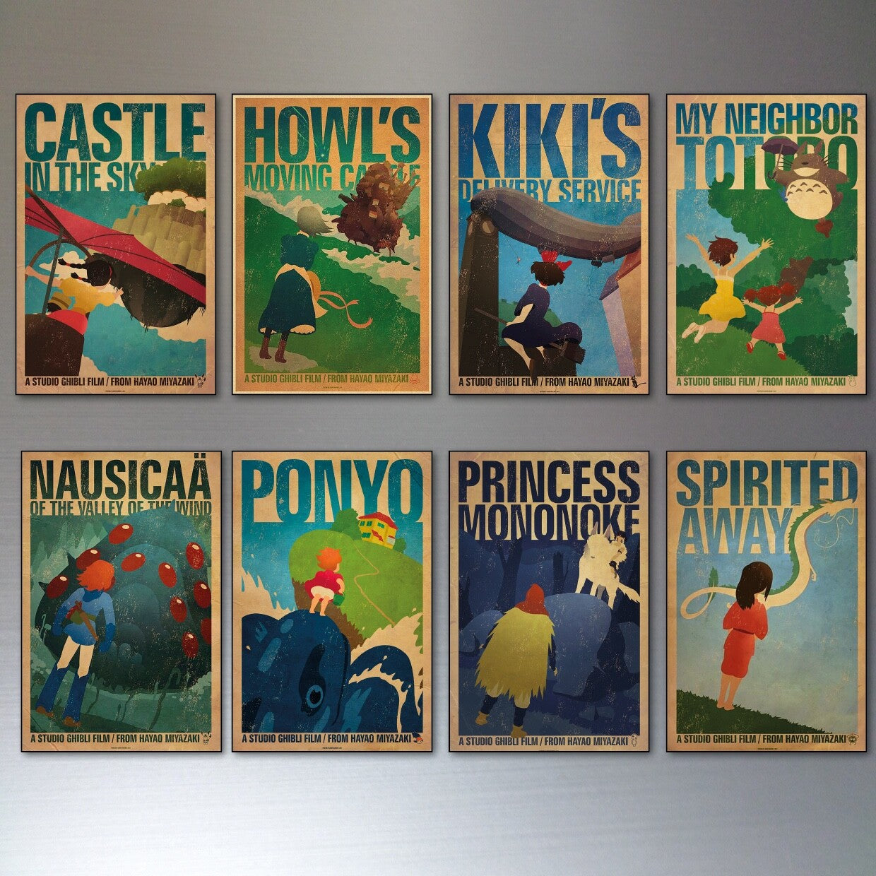 Set of 8 Japanese Studio Ghibli film posters featuring Hayao Miyazaki, designed as fridge magnets with colorful, detailed artwork.