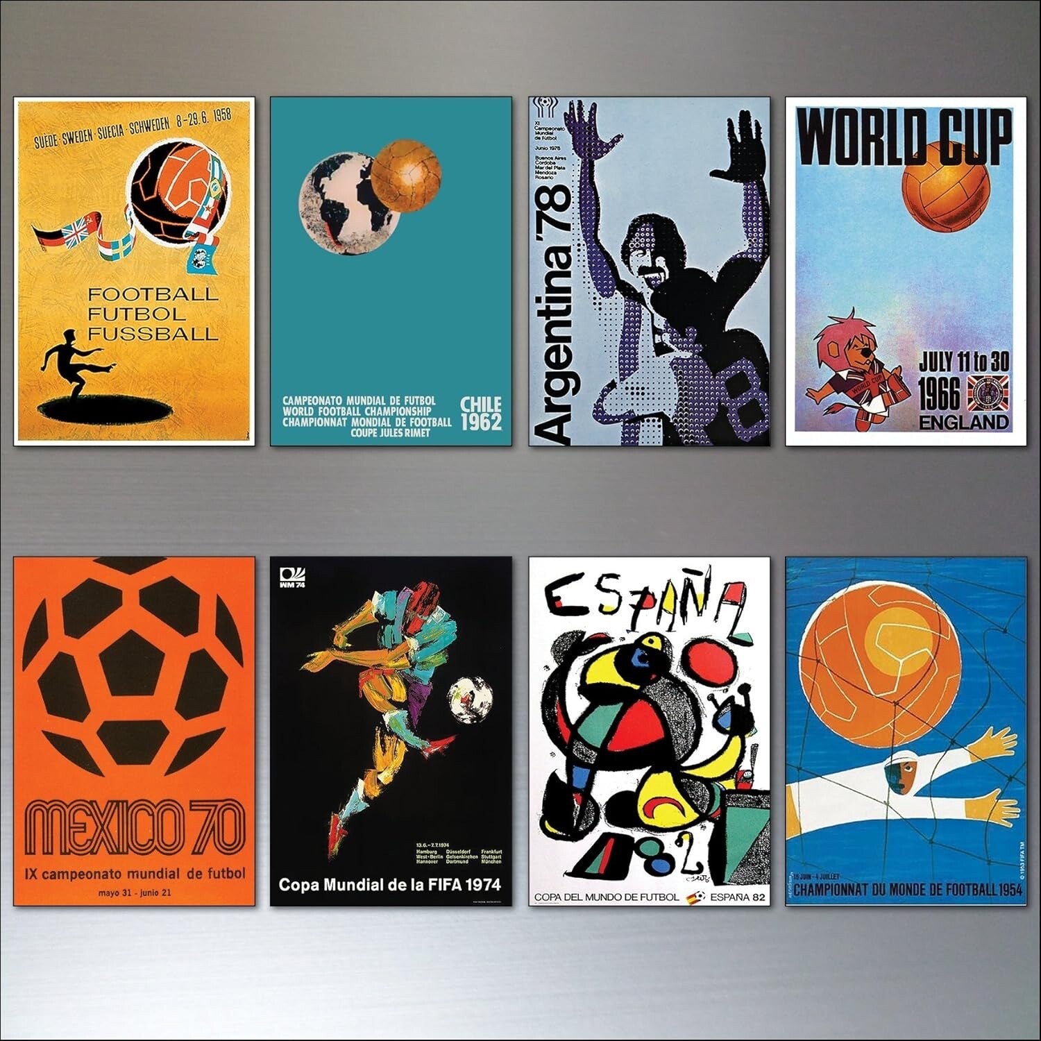 Set of 8 vintage football World Cup fridge magnets featuring posters from 1954 to 1982, unbranded collectible football magnets.