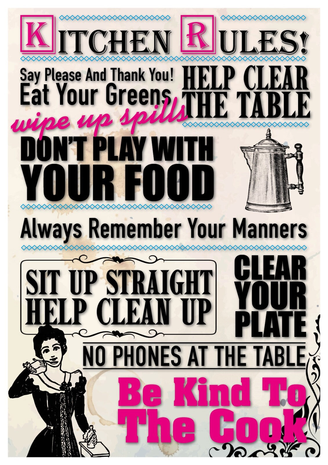 Extra large kitchen rules fridge magnet wall plaque, unbranded, printed with decorative kitchen guidelines on A4 size surface.