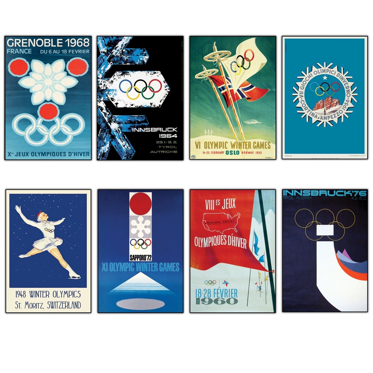 Set of 8 vintage Winter Olympics posters fridge magnets, featuring colorful Olympic-themed designs on a magnetic surface.