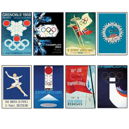 Set of 8 vintage Winter Olympics posters fridge magnets, featuring colorful Olympic-themed designs on a magnetic surface.
